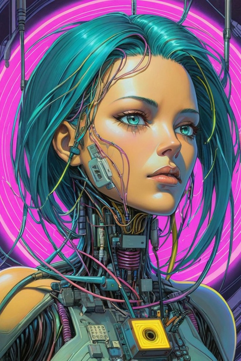 the head of a female cyborg, by Ralph McQuarrie, by Aaron Horkey, neon yellow lightning, neon teal lightning, neon magenta...